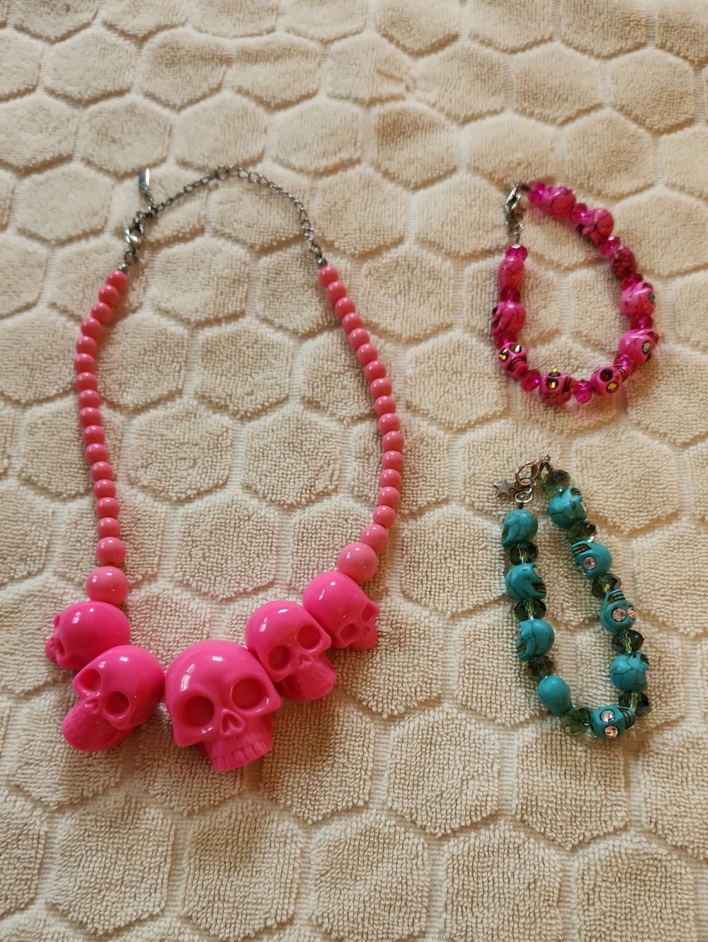 Summerween Beaded Skull Necklace And Bracelets Lot Punk Pastel Goth